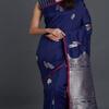 Mitera Navy Blue Silk Blend Solid Banarasi Saree