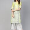 W Women Yellow & Silver Printed Straight Kurta