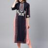 W Women Navy Blue & Pink Printed Straight Kurta